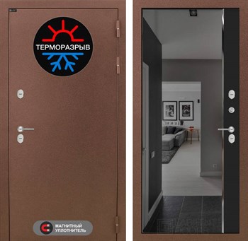 Входная дверь Термо Магнит с зеркалом Панорама с тонировкой - Черный кварц - фото 104394