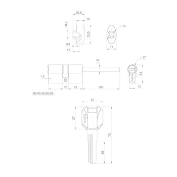 Цилиндровый Punto (Пунто) механизм (Z407/90) Z4007Tang90(55+10+25) со штоком CP хром - фото 119284