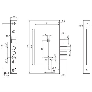 Замок Sam (Сам) врезной сувальдный с защёлкой в комплекте с ручкой ЗВ9-8/13 (черный муар), 3 кл. /76704/ - фото 86216