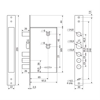 Замок Guardian (Гардиан) врезной сувальдный с задвижкой и защёлкой ЗВ 30.12, 4 кл.(длинный кл. 59 мм) /123:138/ - фото 86651