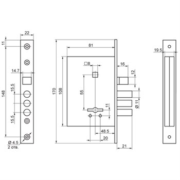 Замок Sam (Сам) врезной сувальдный с защёлкой в комплекте с ручкой ЗВ9-6/13 (медный антик), 3 кл. /77311/ - фото 86660