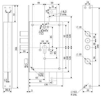Корпус Guardian (Гардиан) врезного замка с защёлкой ЗВ 22.12 с тягами (без планки) /123:131/ - фото 86664