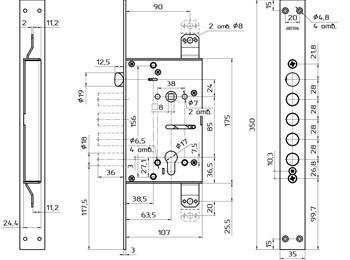 Корпус Mettem (Меттэм) врезного замка с защёлкой ЗВ7 318.Т-П-Б с тягами (функция блокировки защёлки) - фото 86719